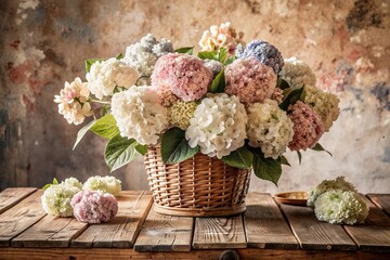 Poster Bloemen Hortensia bloemen bij rustieke houten tafel  © Sirinporn
