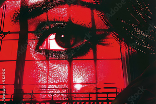 Close-up of an eye with red grid reflections creating a dramatic visual effect photo