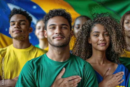 People Brazilian men and women put their hand over their heart and listen to the anthem against the backdrop of the country's flag. Brazil's Independence Day