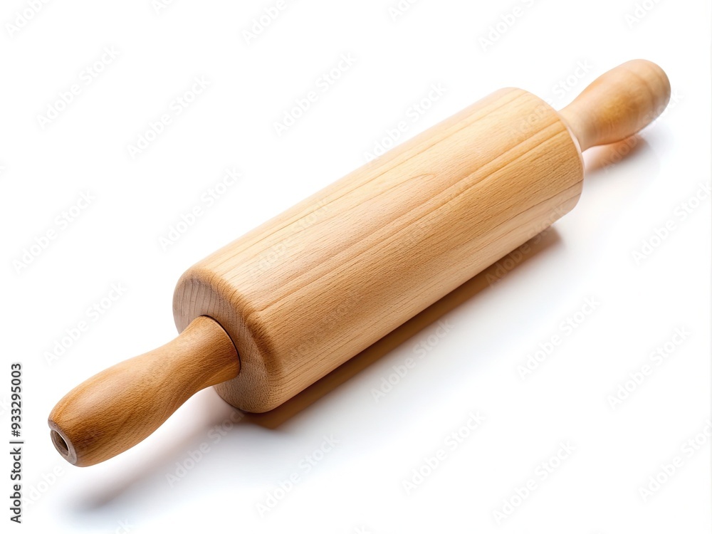 A clean, wooden rolling pin lies horizontally on a pure white background, its smooth surface and rounded edges proudly showcased in sharp, high-contrast detail. A clean, wooden rolling pin lies horizontally on a pure white background, its smooth surface and rounded edges proudly showcased in sharp, high-contrast detail.