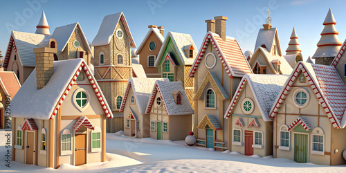 A festive giant gingerbread village adorned with colorful decorations in the winter snow