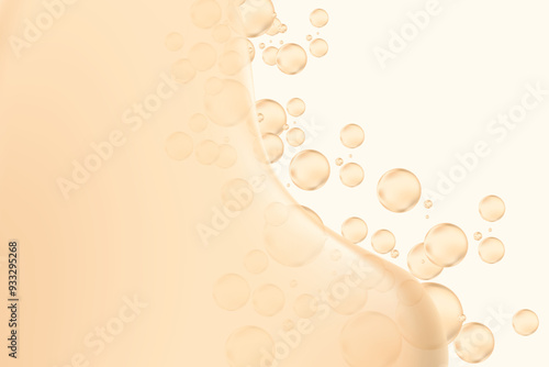 Abstract nude beige liquid lotion or serum background with copy space. Fluid bubbles or droplet flow, fluid collagen texture wallpaper. Beauty product presentation, cosmetic promotion, banner