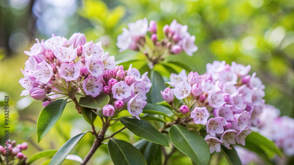 Softly focused mountain laurel kalmia latifolia bush blooms with delicate pink flowers against a blurred green background, creating a serene and peaceful atmosphere. Softly focused mountain laurel kalmia latifolia bush blooms with delicate pink flowers against a blurred green background, creating a serene and peaceful atmosphere.