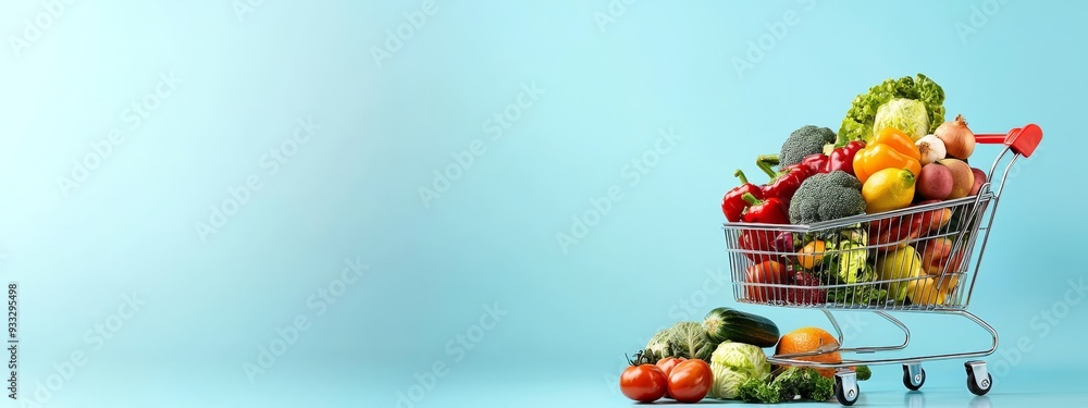 A cart brimming with various fruits and veggies against a blue backdrop, marked by a red arrow signifying selection in the midst A cart brimming with various fruits and veggies against a blue backdrop, marked by a red arrow signifying selection in the midst