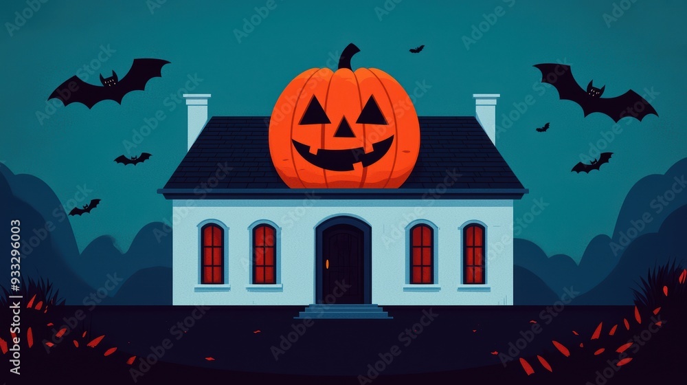 Fototapeta premium Spooky Haunted Mansion with Giant Cartoon Pumpkin on Roof and Bats Flying - Halloween Themed Illustration with Copy Space in Ultra HD Quality