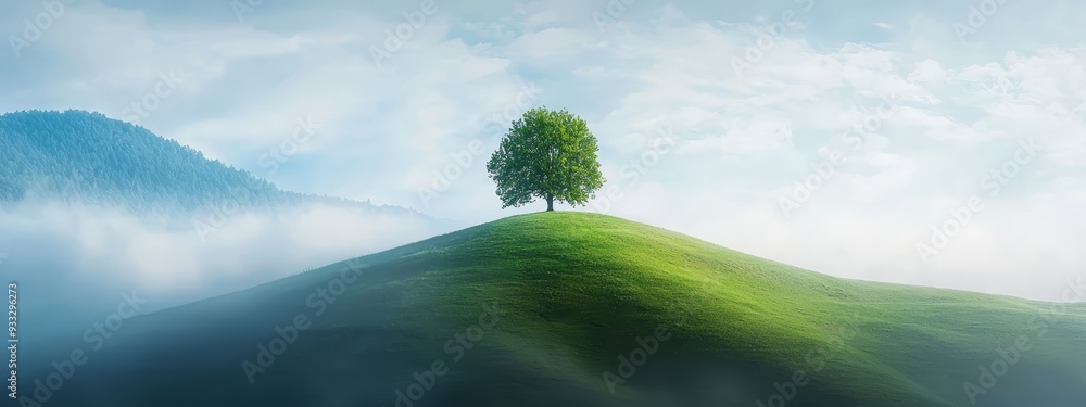 Fototapeta premium A solitary tree atop a verdant hill, framed by foggy sky and distant mountains