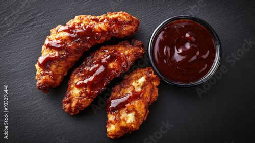 Crispy chicken tenders with mashed potatoes and BBQ sauce on a black background, ready to eat.