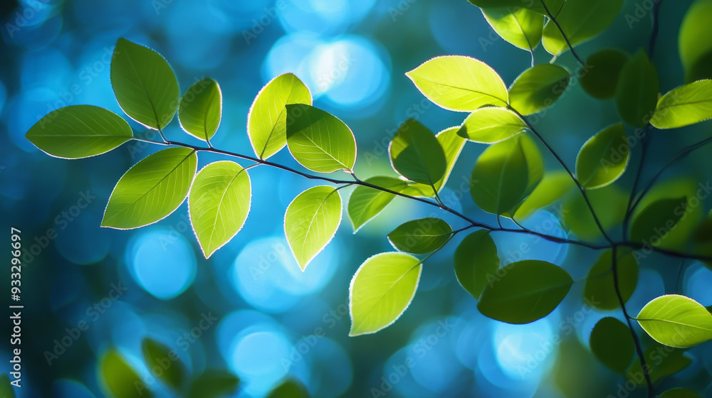Vibrant green leaves set against a serene blue backdrop Vibrant green leaves set against a serene blue backdrop