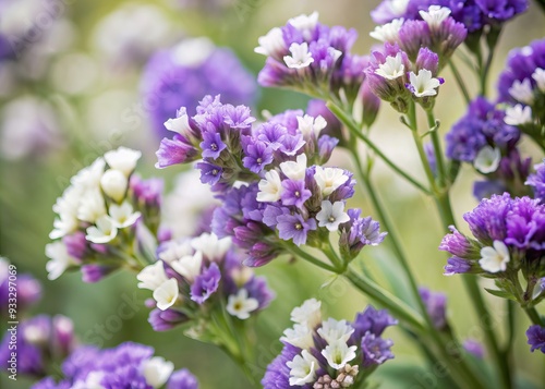 Softly focused limonium statice flowers in shades of purple and white, subtly faded with a warm, nostalgic film filter effect, against a gentle blurred background.