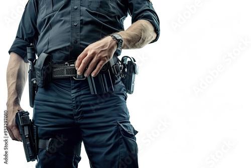 American police officer with hand on belt holster on white background