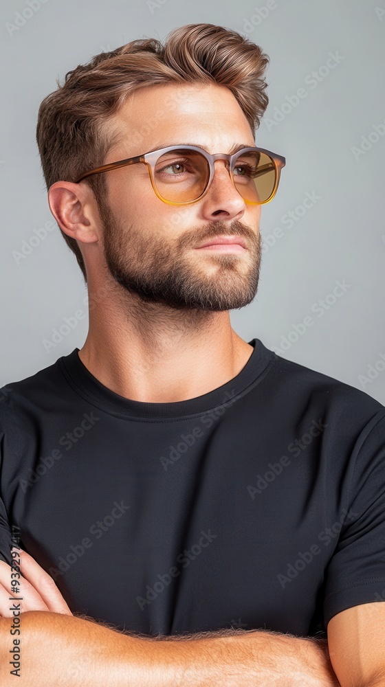Obraz premium Stylish man wearing sunglasses and a black shirt, exuding confidence with a thoughtful expression against a neutral background.
