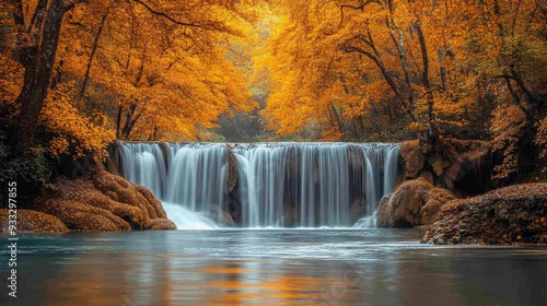 Scenic waterfall surrounded by vibrant autumn trees in a tranquil forest