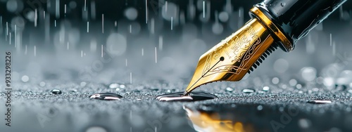  A fountain pen writes on a wet surface, creating ripples Droplets form on contact and cascade to the ground below, mirrored by similar orbs at photo