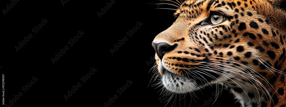 Naklejka premium A leopard's close-up face on black background, eyes and head visible