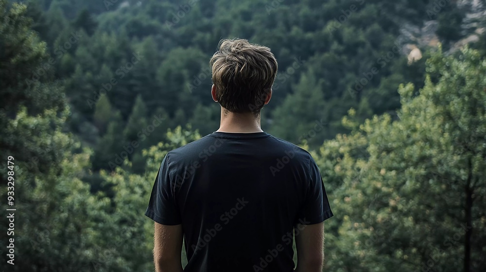 mock up of a man wearing a plain black t-shirt from behind, with a background of mountain forest with trees during the day... mock up of a man wearing a plain black t-shirt from behind, with a background of mountain forest with trees during the day...