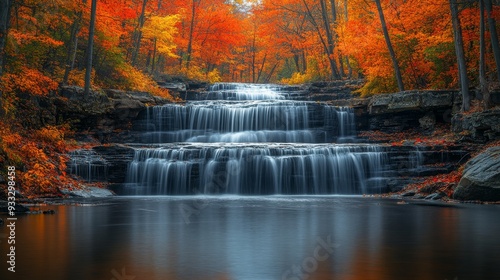 Waterfall cascading through vibrant autumn trees in a serene forest setting