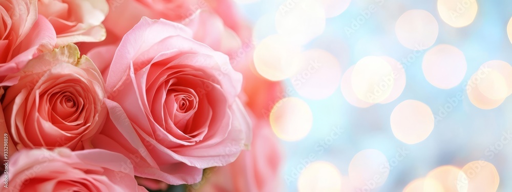 A bouquet of pink roses sits in front of a blue and white wall with a bolt of lights in the background A bouquet of pink roses sits in front of a blue and white wall with a bolt of lights in the background