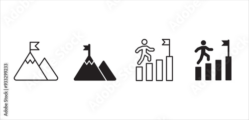 Target mountain icon set. Growth chart symbol. Aim and objective icons set. Goals symbol. Business and management icon collection. Vector stock illustration flat solid thin line style.