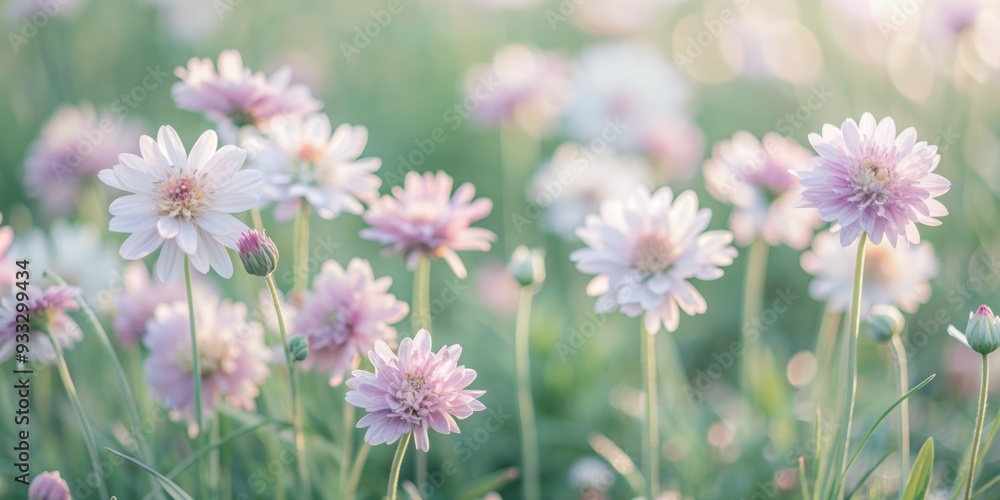 Delicate pale purple scabiosas flowers bloom in a lush green meadow, surrounded by soft focus foliage, evoking a serene and idyllic summer atmosphere.