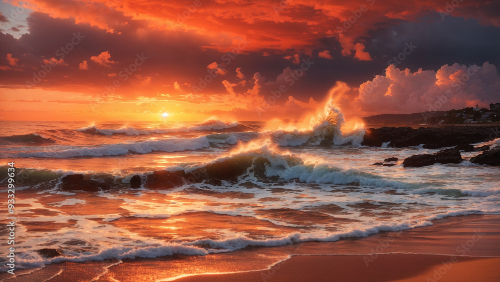 A sunset over the ocean with big waves crashing on rocks.
A sunset over the ocean with big waves crashing on rocks.