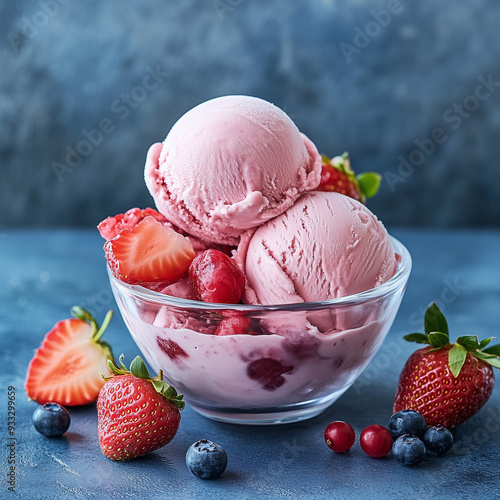 A glass bowl filled with two scoops of strawberry ice cream, garnished with fresh mixed berries including strawberries, blueberries, and raspberries, set against a moody background. photo