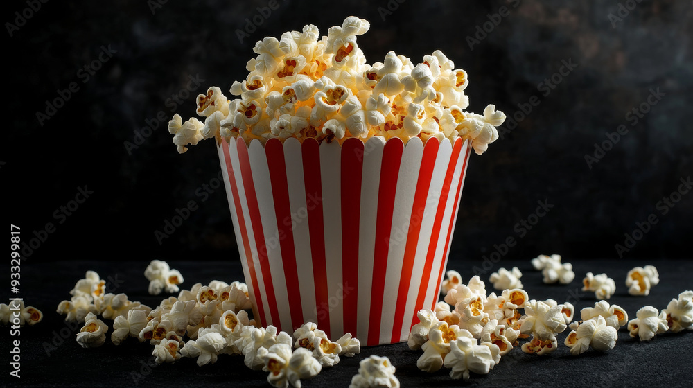 Popcorn spilling out of a striped bucket on a black background. It makes you think of watching movies or TV shows. Popcorn spilling out of a striped bucket on a black background. It makes you think of watching movies or TV shows.