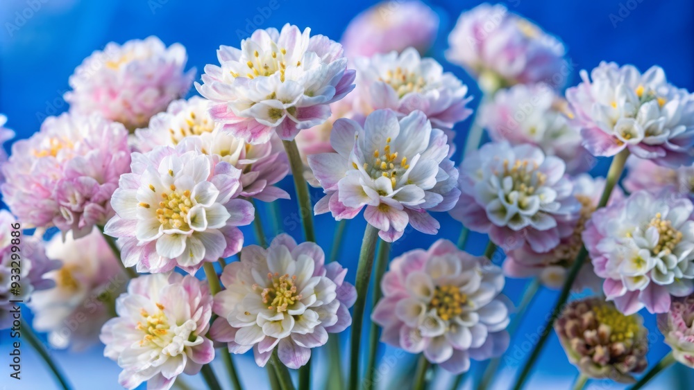 Delicate pink Armeria flowers with white edges and yellow centers bloom in a cluster on slender stems against a crisp white background, showcasing intricate details. Delicate pink Armeria flowers with white edges and yellow centers bloom in a cluster on slender stems against a crisp white background, showcasing intricate details.