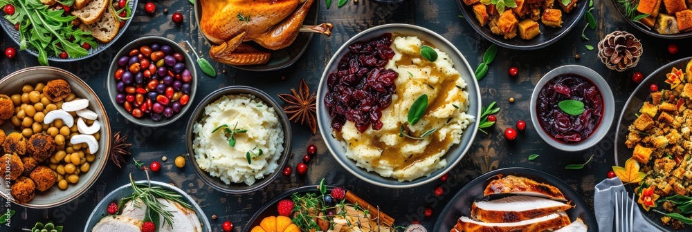 An overhead shot of a Thanksgiving buffet table, featuring turkey, mashed potatoes, gravy, cranberry sauce, and stuffing An overhead shot of a Thanksgiving buffet table, featuring turkey, mashed potatoes, gravy, cranberry sauce, and stuffing