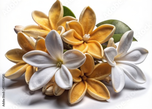 Delicate white stephanotis flower with intricate details and subtle curves, isolated on a pure white background, showcasing its elegant beauty in high resolution. photo