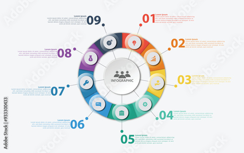 Business circular infographic template design with icons and 9 process steps or options. Can be used for slides, diagram, presentation or web design. Vector illustration