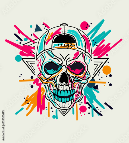 Skull vector with hip hop hat graffiti style, pink, blue and yellow isolated on the white background. Vector