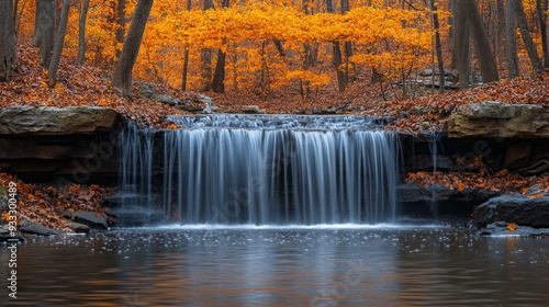 Scenic waterfall surrounded by vibrant autumn foliage at a tranquil forest location photo