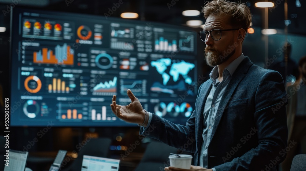 Showcase a business analyst presenting AI-driven insights during a corporate meeting, with data visualizations displayed on a large screen. Showcase a business analyst presenting AI-driven insights during a corporate meeting, with data visualizations displayed on a large screen.