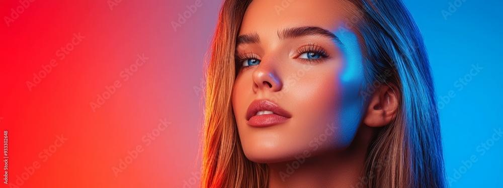 Obraz premium A woman's face, sharply focused Blue and red light emanating from her facial center