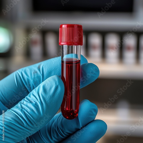 Gloved hand holding blood vial for Thalassemia diagnosis Close-up of a gloved hand holding a blood vial, essential for diagnosing Thalassemia in a medical laboratory setting photo