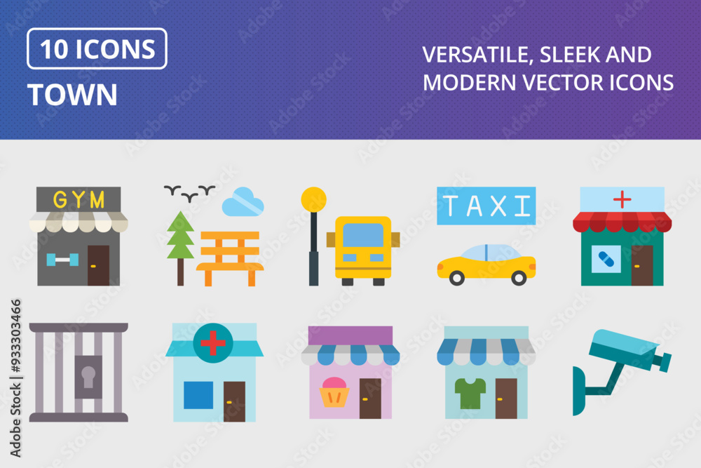 Fototapeta premium Town Flat Icon Set
