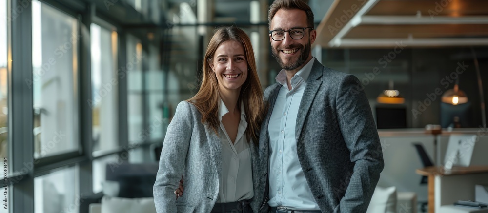 Businessman and businesswoman in modern office, smiling, standing together, professional environment. Businessman and businesswoman in modern office, smiling, standing together, professional environment.