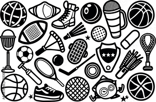 Sports related items such as Soccer ball, basketball, tennis racket, baseball, football, golf & many more editable stroke outline icons isolated on white background flat vector illustrati