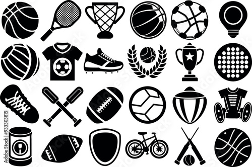 Sports related items such as Soccer ball, basketball, tennis racket, baseball, football, golf & many more editable stroke outline icons isolated on white background flat vector illustrati