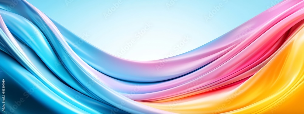 A blue, yellow, and pink wave with a light blue sky overhead A blue, yellow, and pink wave with a light blue sky overhead