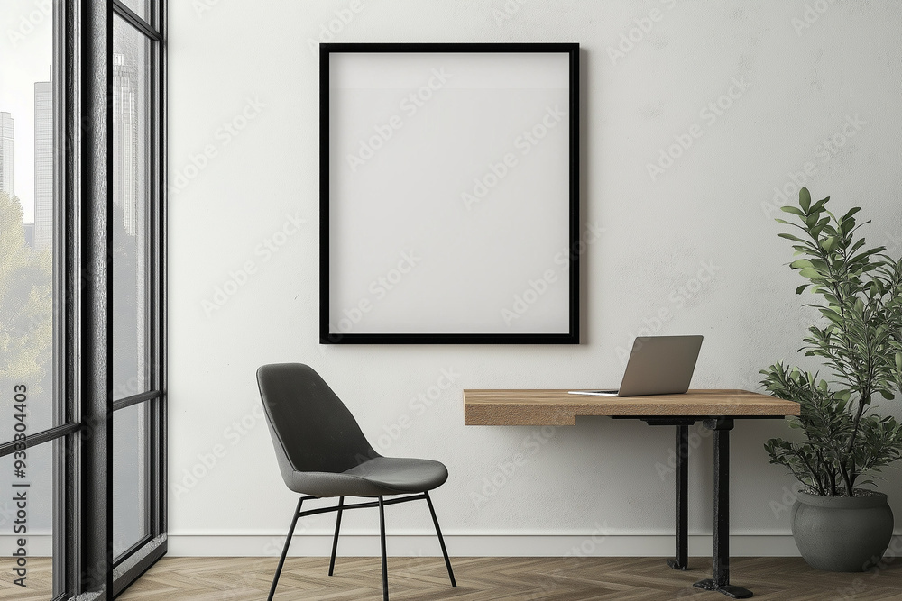 mockup mid-century hanging a framed print in a small business office with modern minimalist interior mockup mid-century hanging a framed print in a small business office with modern minimalist interior