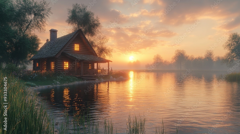 Serene lakeside cabin at sunset with reflections on the water. Serene lakeside cabin at sunset with reflections on the water.