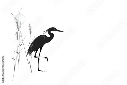 Heron in the thickets of reeds (cane) stands on one leg and the sun is above. Silhouette vector illustration isolated on white background.