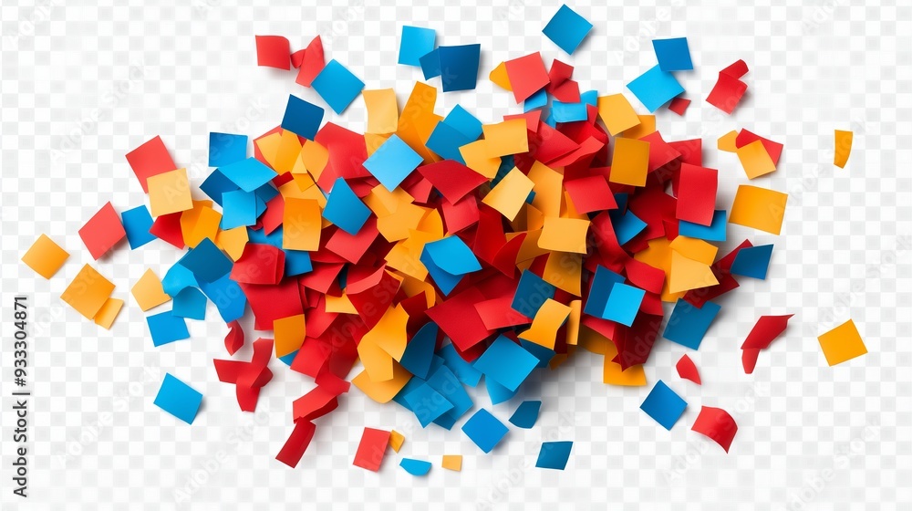 A colorful pile of paper confetti with a white background. The confetti is in various colors, including red, blue, and yellow. Concept of celebration and joy A colorful pile of paper confetti with a white background. The confetti is in various colors, including red, blue, and yellow. Concept of celebration and joy