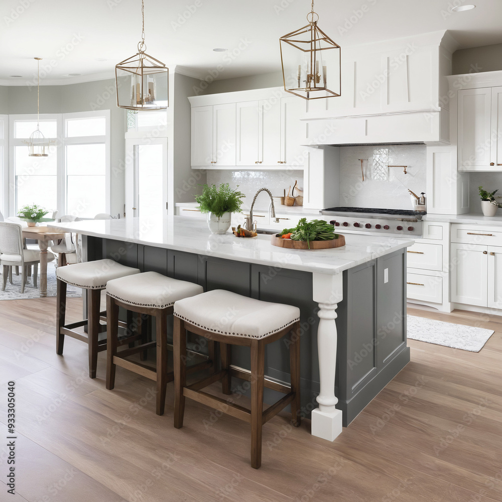 Fototapeta premium Kitchen with white cabinets and a large island
