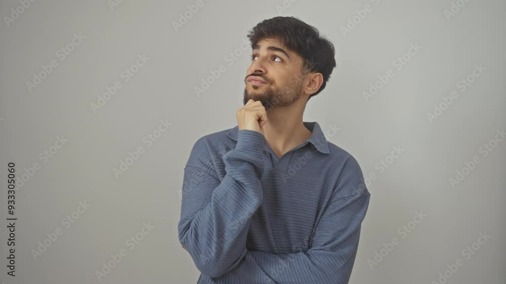 Young arab man, standing over isolated white background, engulfed in serious thoughts with hand to chin, displaying a face full of confusing ideas Young arab man, standing over isolated white background, engulfed in serious thoughts with hand to chin, displaying a face full of confusing ideas