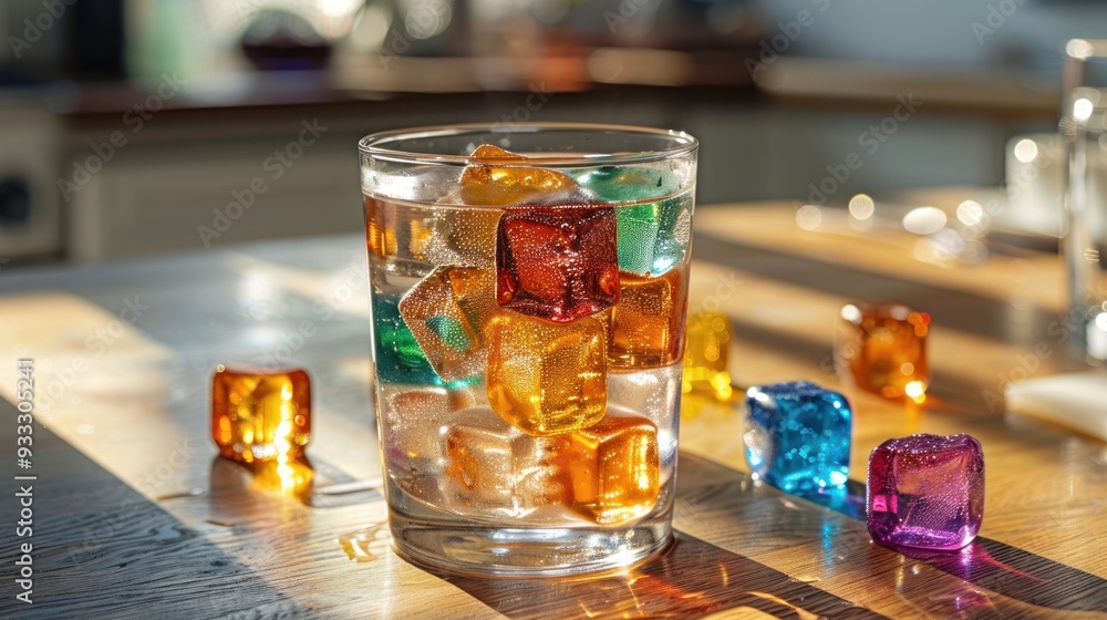 Showing a glass of soda with colorful ice cubes floating inside, emphasizing the freshness and beauty. Showing a glass of soda with colorful ice cubes floating inside, emphasizing the freshness and beauty.