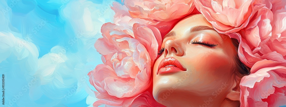 A woman's face painted with pink floral headpiece against a blue sky background A woman's face painted with pink floral headpiece against a blue sky background