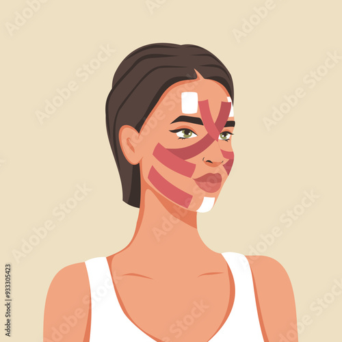 Facial tapes, woman with facial tapes, kinesiology facial taping technique, face lift, self care, vector template for advertising, website, banner, posters, cover