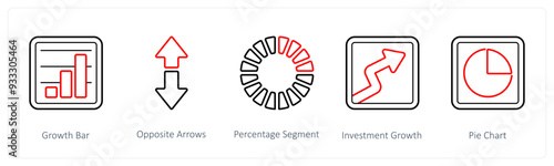 A set of 5 diagram and report icons such as growth bar, opposite arrows
